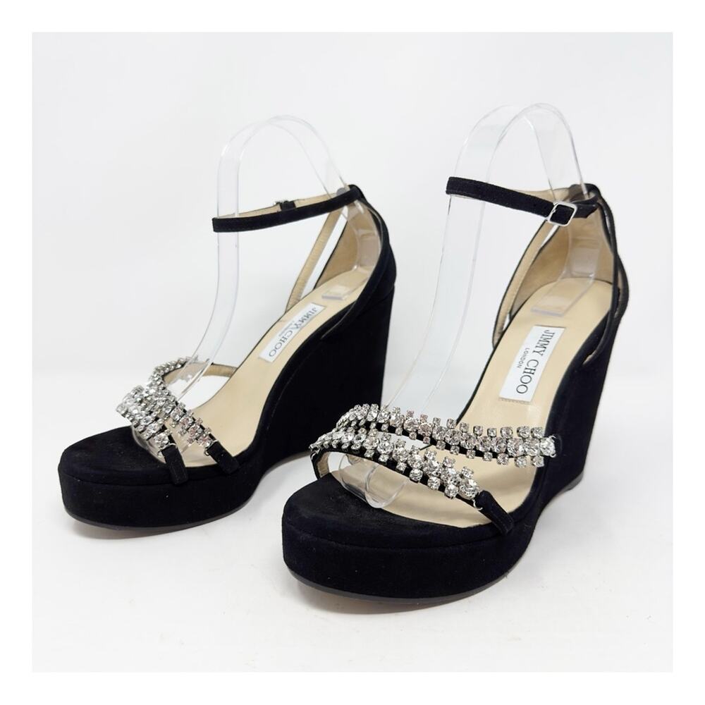 Jimmy Choo Bing Crystal Suede Wedge Sandals Womens Size EU 40